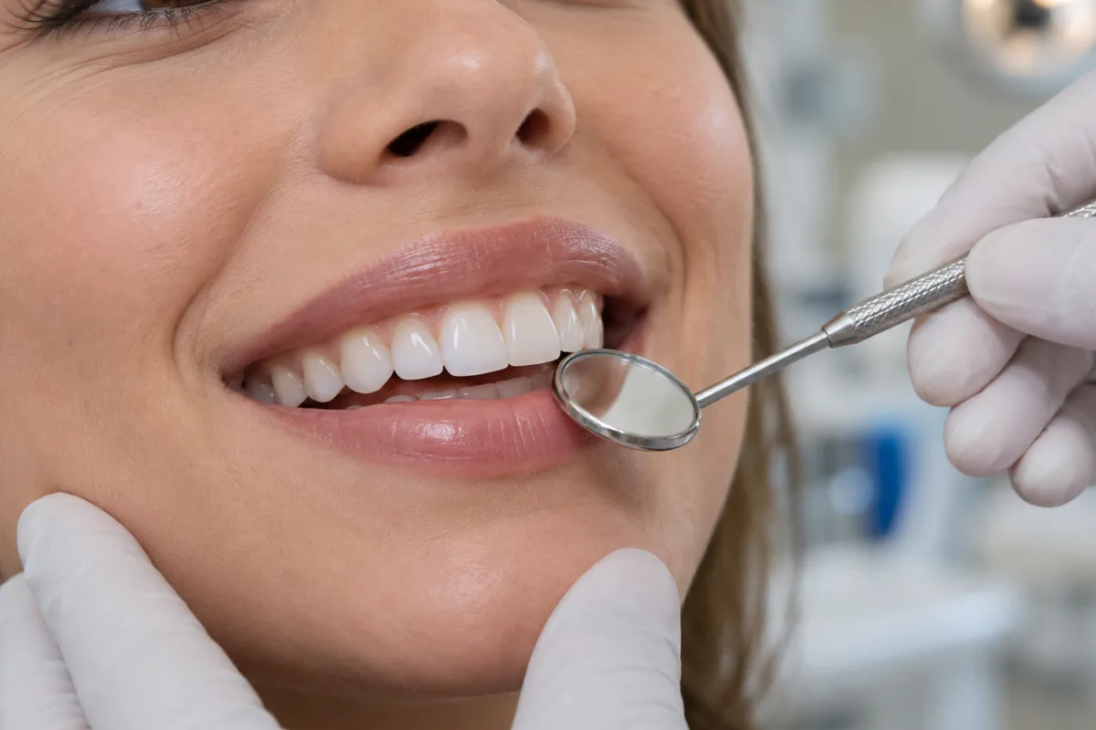 Paciente sonriendo mientras el dentista revisa sus carillas dentales con un espejo bucal
