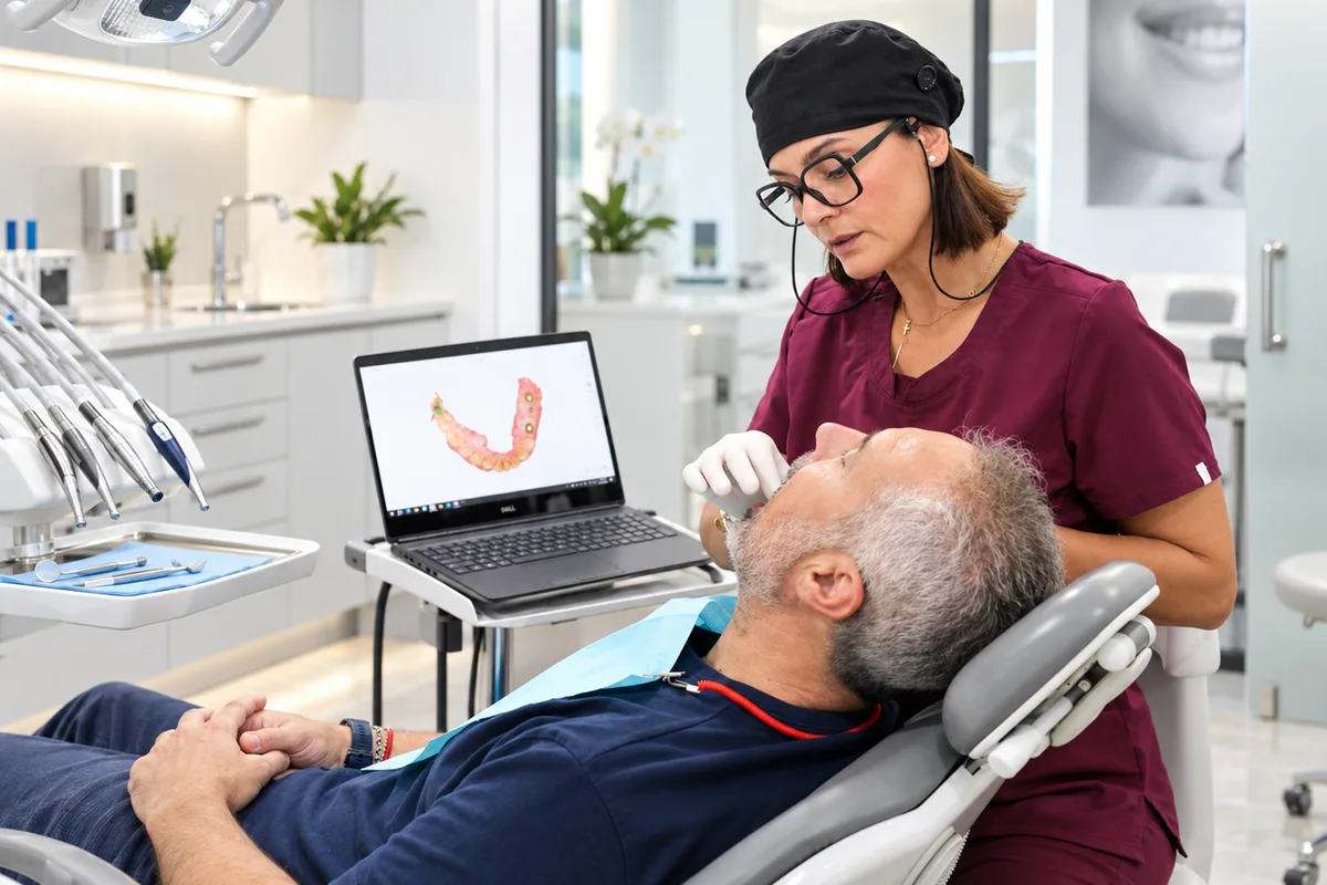 Odontóloga de Asistencia Dental Plus realizando un escaneado intraoral a un paciente adulto con el resultado en el portátil