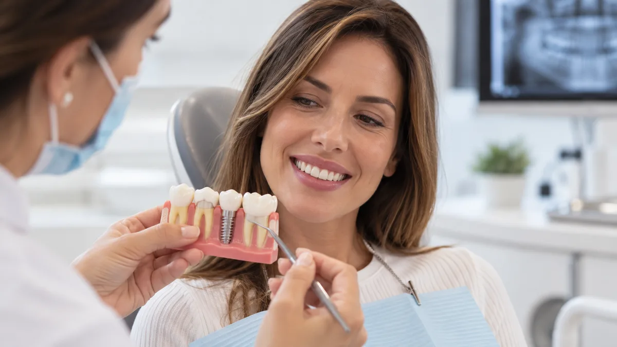 Dentista mostrando a una paciente en un modelo anatómico cómo es un implante dental junto a los dientes vecinos
